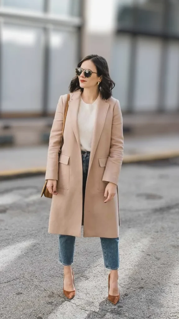 A woman standing on a city street wearing a classic, sophisticated casual outfit. She is wearing a knee-length, tailored beige wool coat over a simple white crewneck top and high-waisted, straight-leg blue jeans. Her look is accessorized with pointed-toe brown suede heels, a brown leather crossbody bag, gold hoop earrings, and tortoiseself-shell sunglasses. Her dark hair is styled in a shoulder-length bob, and she is wearing a bold red lipstick, embodying an effortless, elevated "quiet luxury" aesthetic.