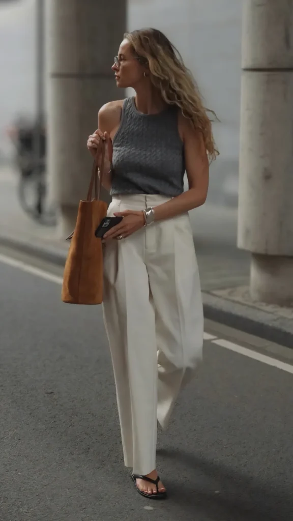 A woman walks down a city street modeling an effortlessly chic quiet luxury outfit. She is wearing a grey cable-knit halter tank top tucked into high-waisted, pleated cream wide-leg trousers. The look is casually elevated with a large brown suede tote bag, simple black thong sandals, and a statement silver cuff bracelet, perfectly illustrating timeless minimalist style.