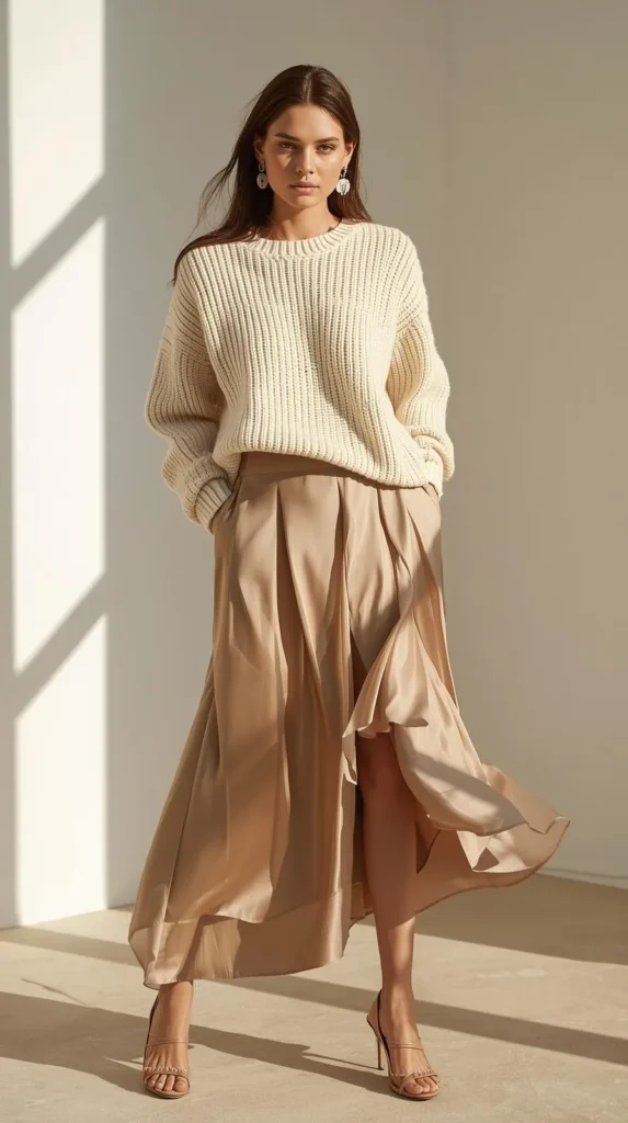 A woman stands in a sunlit room modeling a chic, monochromatic beige outfit. She wears an oversized, cream-colored ribbed knit sweater paired with a flowing, champagne-beige satin maxi skirt featuring a high slit. Her hands are relaxed in her pockets, and she wears nude straeled stiletto heels and statement earrings, perfectly illustrating how to mix textures in casual winter-to-spring fashion.