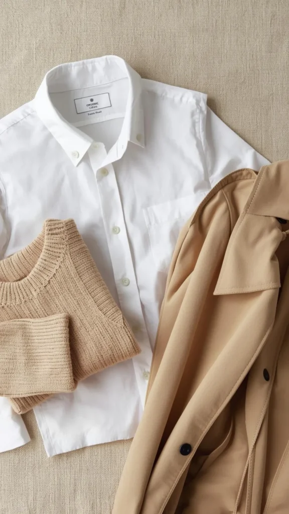 Flat lay of high-quality wardrobe essentials featuring a crisp white button-down shirt, a folded camel-colored ribbed cashmere sweater, and a classic beige trench coat on a textured linen background, embodying the "Old Money" French aesthetic and quiet luxury.