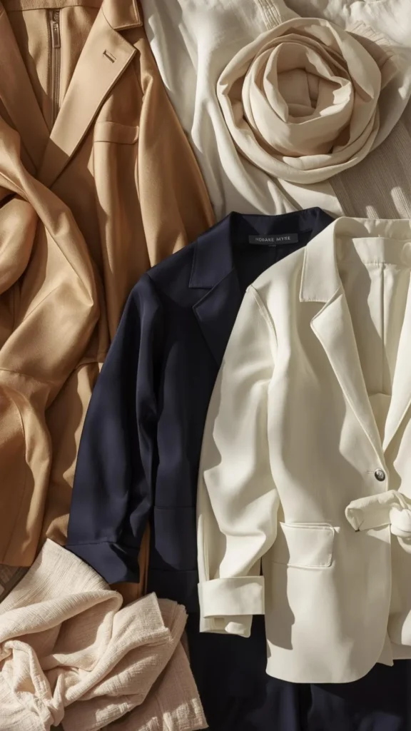 A collection of high-end women's clothing in a neutral color palette, featuring structured blazers in camel, navy blue, and cream, draped alongside soft white fabrics and a silk scarf to illustrate the "Old Money" French aesthetic.