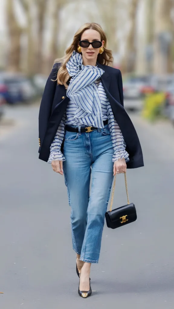 A woman walking down a city street modeling an elevated casual quiet luxury outfit. She is wearing high-waisted, classic straight-leg blue jeans paired with a sheer blue-and-white striped ruffled blouse and a structured navy blue blazer draped over her shoulders. The look is accessorized with a black leather Celine belt and matching chain shoulder bag with gold hardware, large gold statement earrings, black sunglasses, and pointed-toe heels, perfectly demonstrating how to elevate everyday basics.
