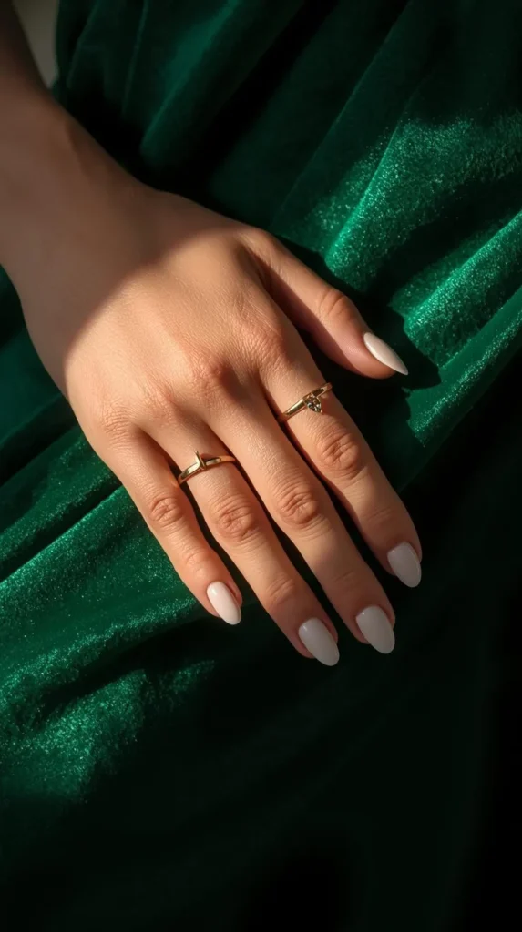 A close-up of a hand with elegant milky white almond nails resting against the rich folds of a textured emerald green velvet dress. The person is wearing two delicate gold rings, showcasing a minimalist, quiet luxury prom look. The lighting creates soft shadows across the hand, highlighting the glossy, clean finish of the manicure.