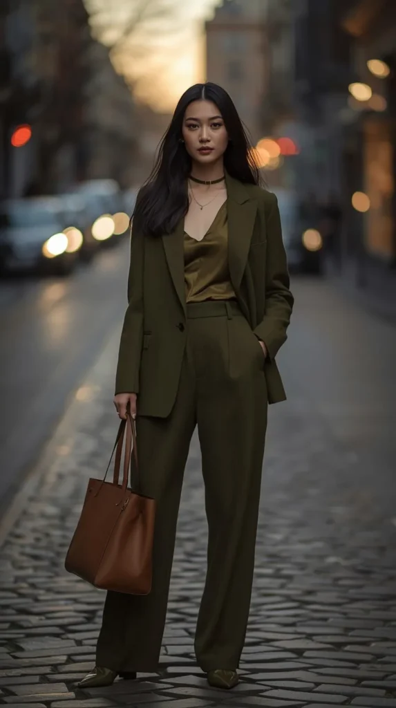 A stylish woman standing on a cobblestone city street at dusk, wearing a monochromatic olive green outfit consisting of a tailored blazer, silk camisole, and wide-leg trousers, accessorized with a cognac leather tote bag.