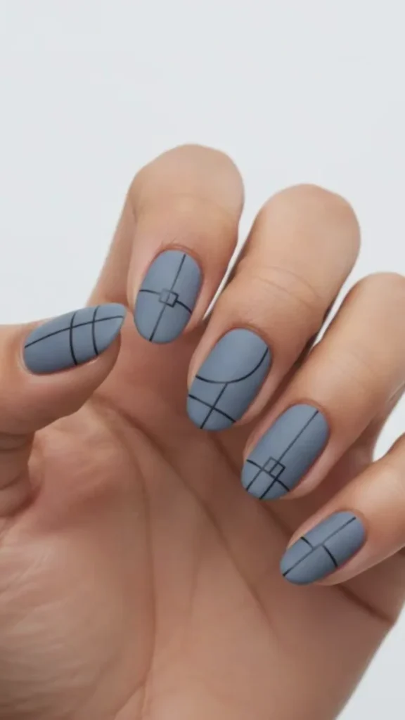 A close-up of a hand showcasing a modern, minimalist manicure on almond-shaped nails. The nails feature a smooth, matte slate-grey base coat adorned with thin, crisp black geometric lines, small squares, and subtle curves, creating a contemporary abstract art design against a plain white background.