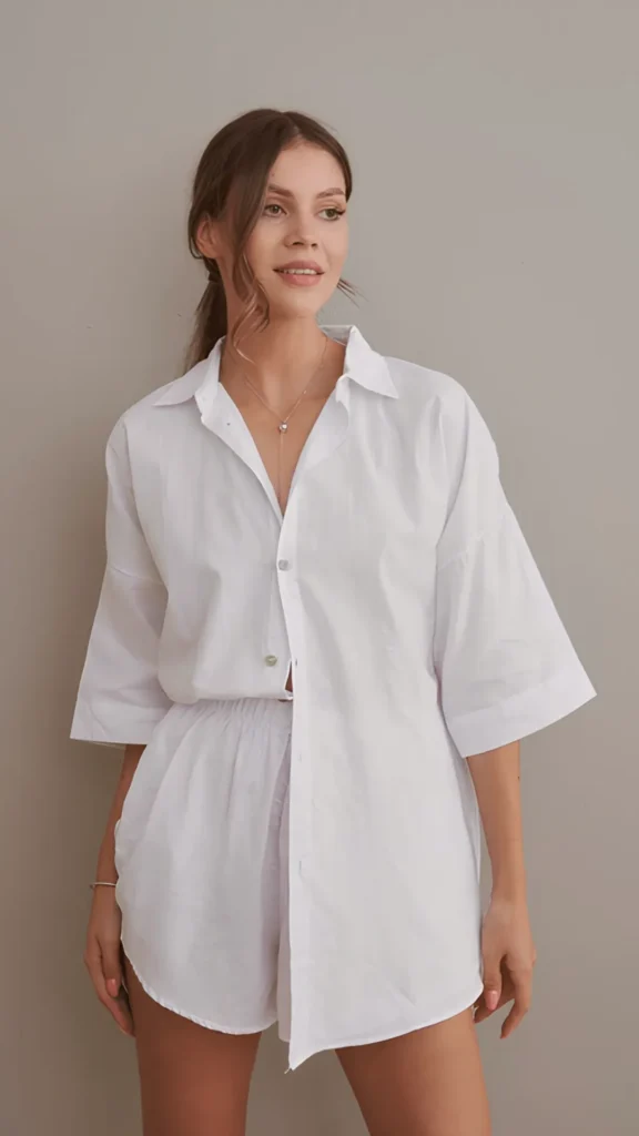 A woman smiling and posing against a neutral grey wall, modeling an effortlessly chic summer look that highlights understated elegance. She is wearing a crisp, oversized white button-down shirt with wide mid-length sleeves, styled half-tucked into matching white high-waisted shorts. Her hair is tied back in a relaxed ponytail, and she wears a delicate gold pendant necklace, capturing a timeless approach to outfits for women in 2026.