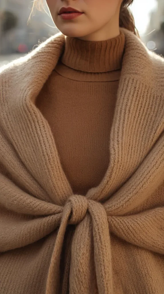 A close-up shot focusing on the elegant tonal layering of a woman's outfit. She wears a fitted, warm tan turtleneck top under a thick, ribbed knit camel-beige sweater that is draped over her shoulders and loosely knotted at the chest. Only her lips with reddish-brown lipstick and jawline are visible, highlighting the rich textures and cozy, chic aesthetic of the monochromatic knitwear.