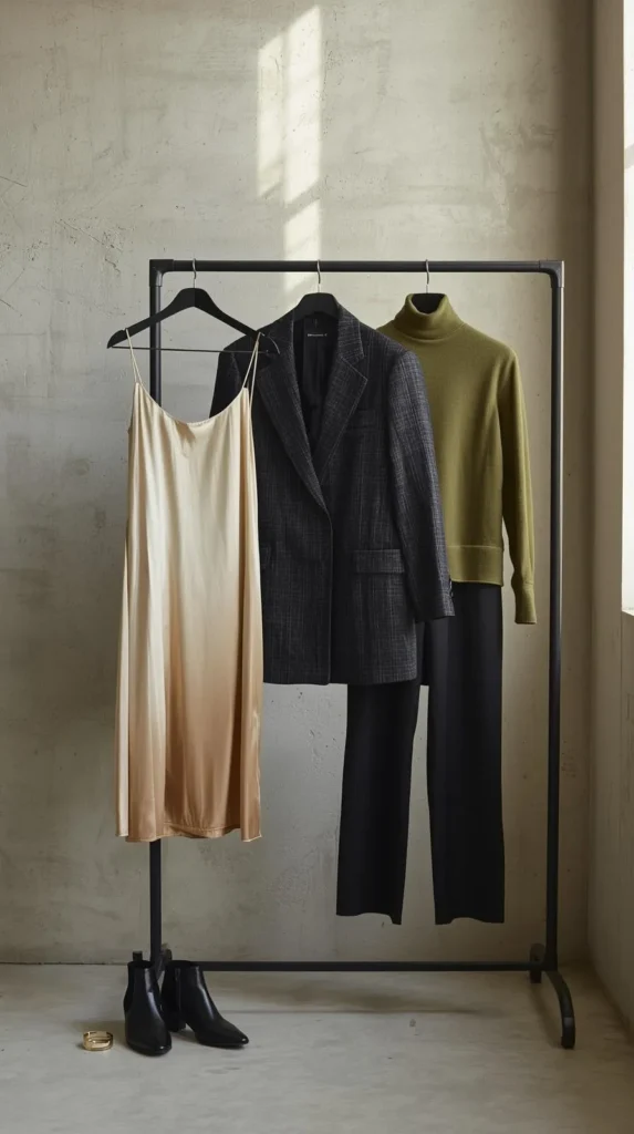 A minimalist clothing rack displaying a curated evening capsule wardrobe, featuring a champagne silk midi slip dress, a structured charcoal plaid blazer, an olive green fine-knit turtleneck, and black wide-leg trousers, with sleek black leather booties on the floor below.