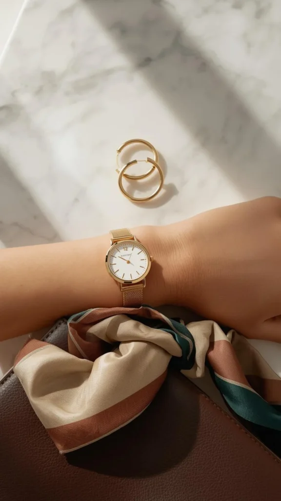 A top-down view of a person’s wrist wearing a minimalist gold watch with a mesh band, resting against a brown leather bag. A striped silk scarf in neutral and forest green tones is draped over the bag, and a pair of classic gold hoop earrings sits on a white marble surface in the background.