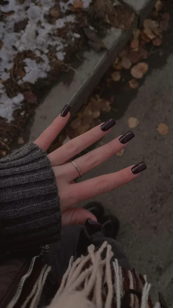 A hand displaying short, square-shaped nails painted in a deep, glossy dark plum or black polish. The person is dressed for cold weather, wearing a textured grey ribbed knit sweater and a fringed scarf. The photo is taken outdoors from a high angle, showing a paved ground with scattered autumn leaves and a patch of snow in the background.