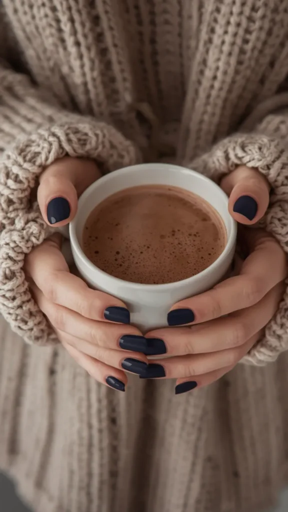 A close-up, overhead view of a person's hands wrapped snugly around a white ceramic mug filled with hot cocoa. The individual is wearing an oversized, chunky knit beige or cream sweater with thick cable details pulled over their wrists. Their short, squared nails are painted a solid, deep matte midnight navy blue, creating a rich contrast against the light-colored knitwear.