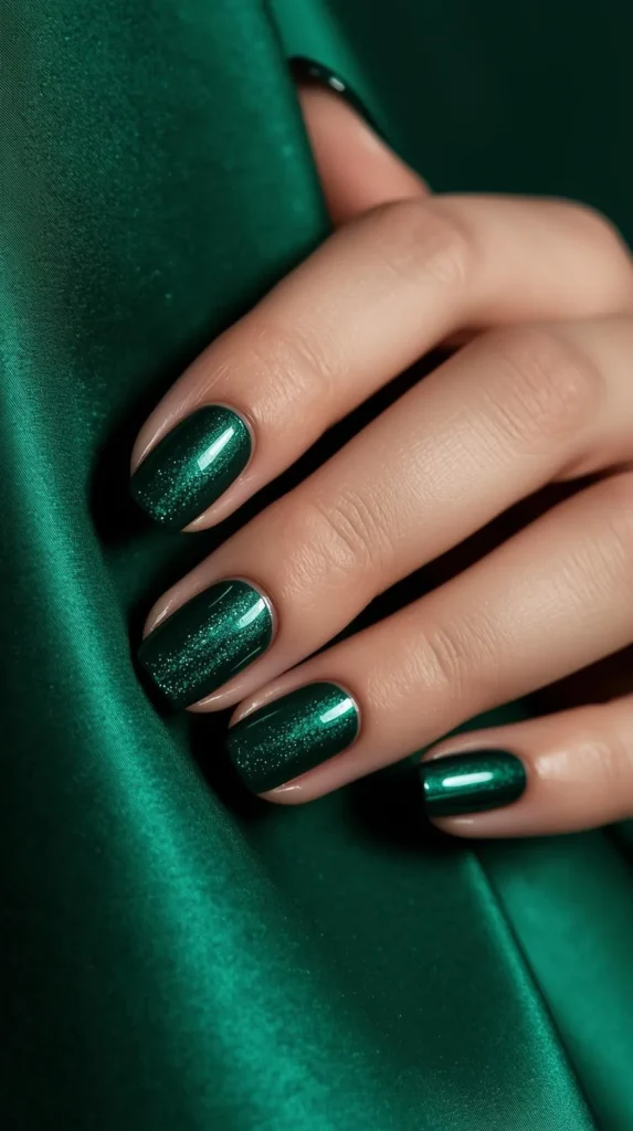 A close-up of a well-manicured hand with short, square-oval nails gripping a luxurious emerald green satin fabric. The nails feature a striking emerald green cat-eye magnetic polish with a shimmering, deep velvet texture that perfectly color-matches the silky dress.