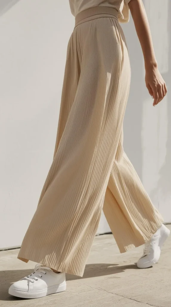 A lower-body shot of a woman captured mid-stride against a white wall, showcasing a casual and comfortable aesthetic. She wears high-waisted, wide-leg pleated plissé trousers in a soft cream-beige tone, paired with clean white leather sneakers, illustrating a sophisticated yet relaxed weekend-errand look.