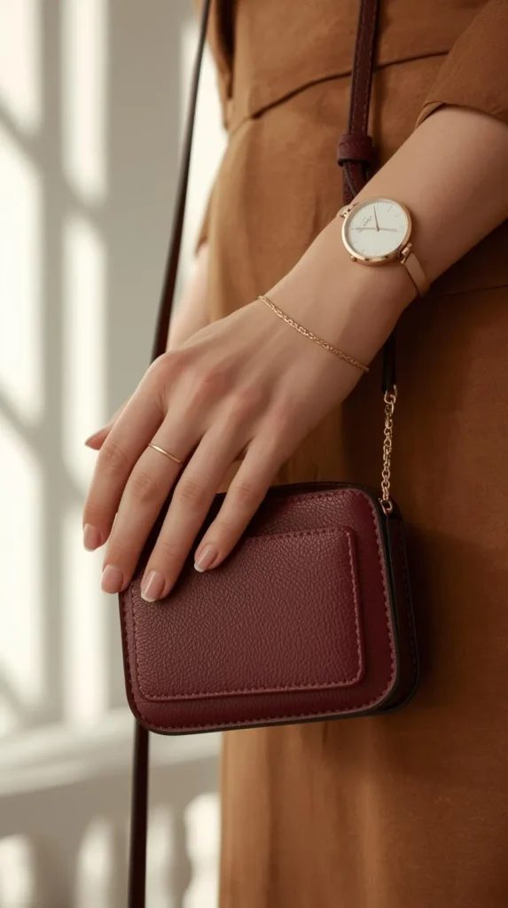 A close-up of a woman's hand resting on a small, structured crossbody bag in a rich burgundy pebbled leather. She is wearing a delicate gold chain bracelet, a thin gold ring, and a vintage-inspired gold watch with a white face, all complementing a camel-colored garment.