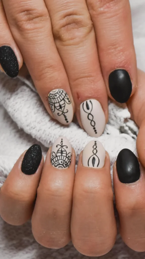 A close-up of a sophisticated almond-shaped manicure that transitions perfectly from day to night. The design features a mix of matte black nails, a black shimmer accent nail, and neutral cream-colored nails with intricate black mandala-style line art. The hands are resting against a textured white knit fabric, emphasizing a clean, professional aesthetic with subtle, elegant details that catch the light.