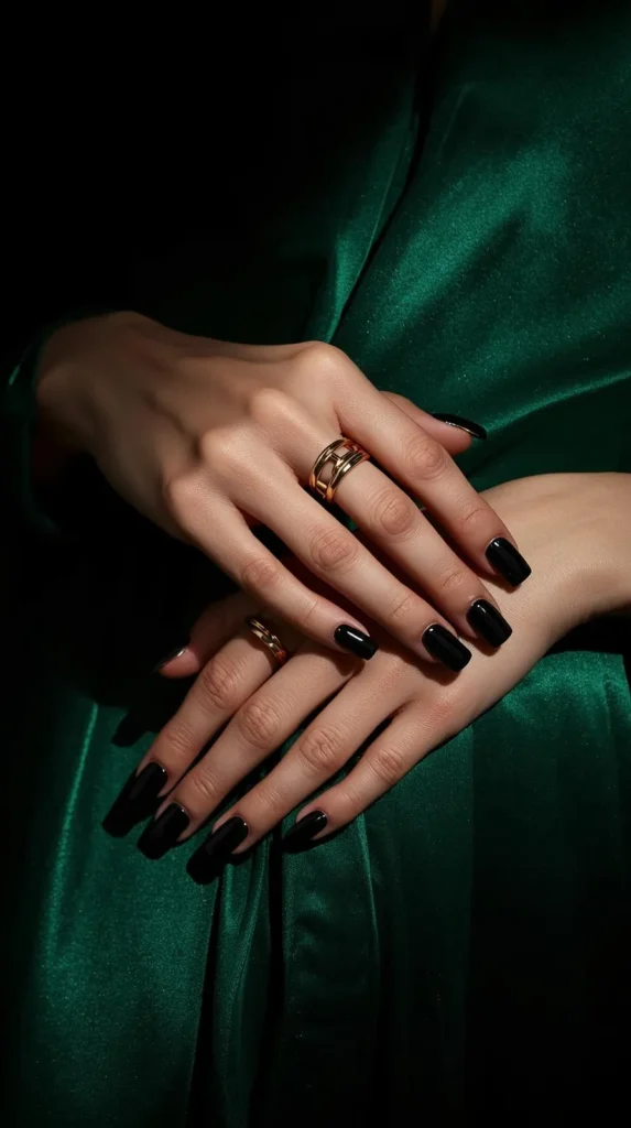 A dramatic close-up of a person's hands crossed over a luxurious, vibrant emerald green satin gown. The nails are styled in a medium square shape with a high-gloss, ultra-reflective onyx black polish. The person is wearing thick, chunky gold rings, highlighting a dark and moody prom aesthetic.