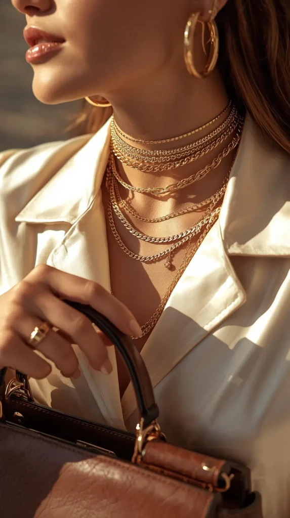 A close-up view of a woman showcasing layered gold accessories against a neutral outfit. She wears multiple stacked gold chain necklaces of varying thicknesses and chunky gold hoop earrings. She is wearing a silky, cream-colored collared shirt and holds a structured, dark brown leather handbag, perfectly demonstrating how to use warm gold jewelry to elevate a neutral ensemble.