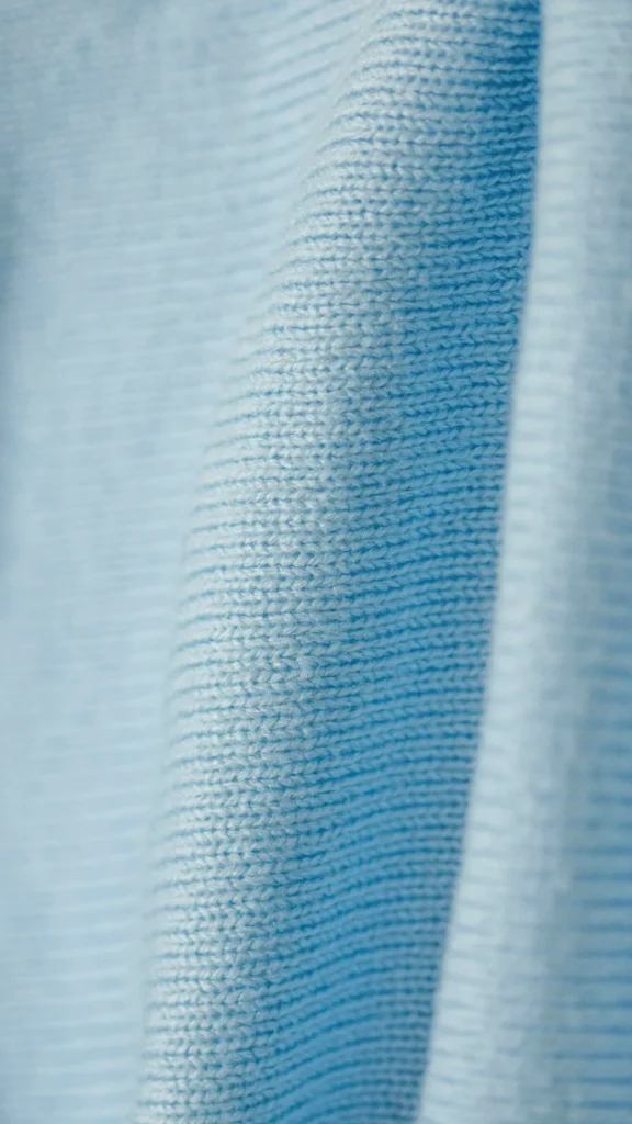 Extreme close-up of a pale blue knitted premium fabric with a fine ribbed pattern and soft, draped folds.