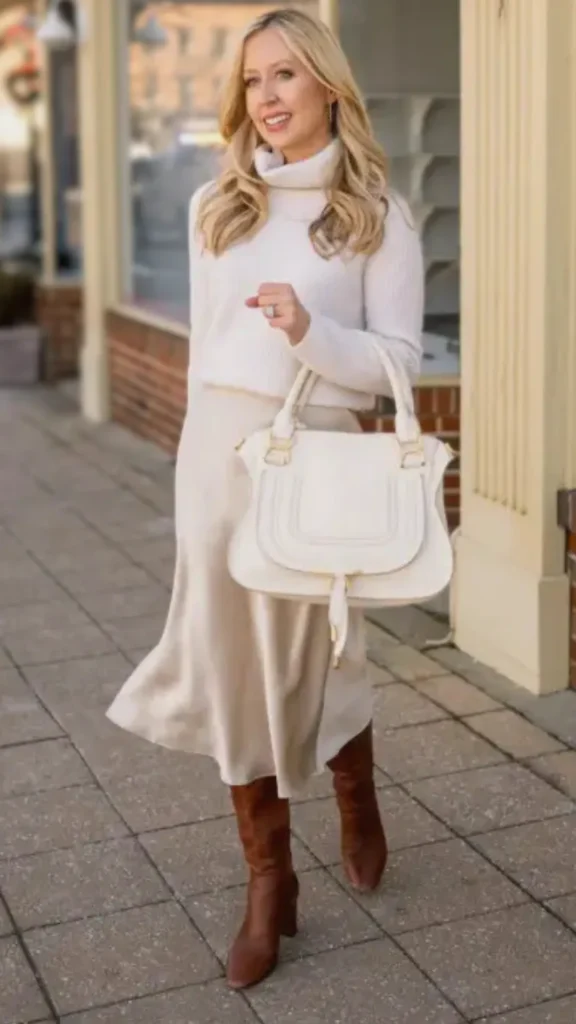 A woman walking down a paved sidewalk, showcasing a chic, monochromatic outfit in cream and ivory tones. She wears a cozy, cream-colored ribbed turtleneck sweater tucked into a flowing, champagne-colored satin slip skirt that hits mid-calf. She carries a structured, large white leather handbag with gold hardware details on her arm. The tonal, light-colored look is beautifully contrasted with a pair of knee-high, rich brown leather boots. Her blonde hair is styled in loose curls, and she smiles as she walks, exemplifying a warm, sophisticated "old money" aesthetic.