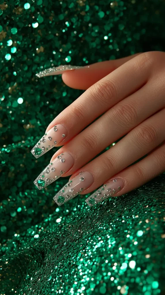 A close-up of long, square-shaped acrylic nails resting against a sparkling, emerald green sequined dress backdrop. The manicure features a clear nude base adorned with a glamorous, scattered design of silver gems and striking emerald green rhinestones concentrated at the tips, creating a high-shine prom look.