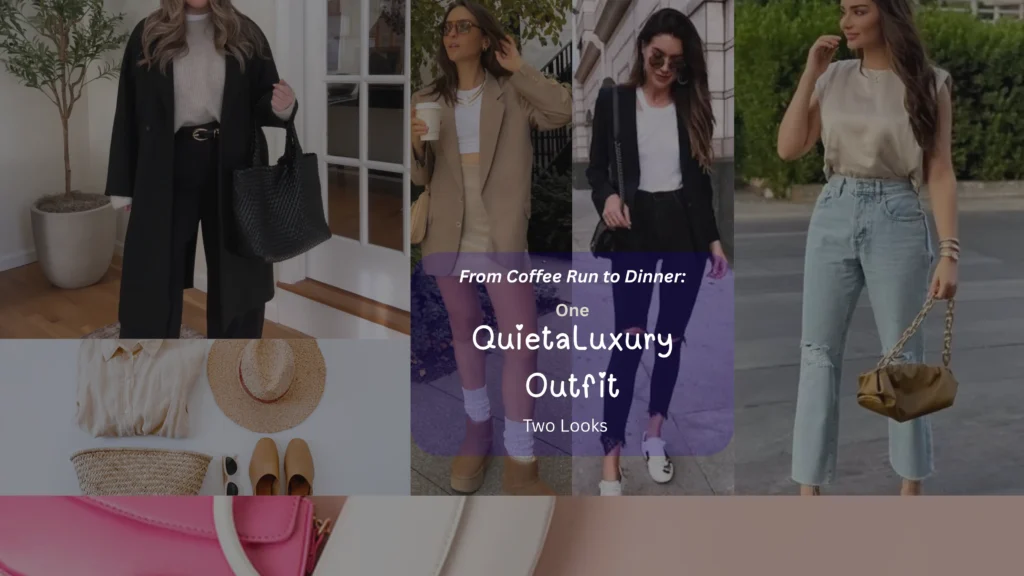 A collage of four chic women showcasing "From Coffee Run to Dinner: One Quiet Luxury Outfit, Two Looks." Outfits include a long black coat with wide-leg pants, a silk blouse with light denim, a tan blazer with a mini skirt, and a black blazer with ripped jeans. Center text overlays colorful designer handbags.
