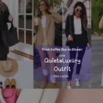 A collage of four chic women showcasing "From Coffee Run to Dinner: One Quiet Luxury Outfit, Two Looks." Outfits include a long black coat with wide-leg pants, a silk blouse with light denim, a tan blazer with a mini skirt, and a black blazer with ripped jeans. Center text overlays colorful designer handbags.