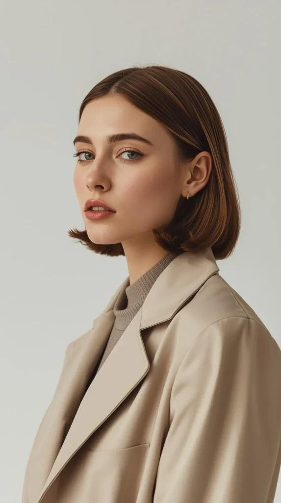 A woman with a chic, chin-length brown bob featuring subtle hidden highlights, wearing a beige structured blazer over a tan turtleneck.