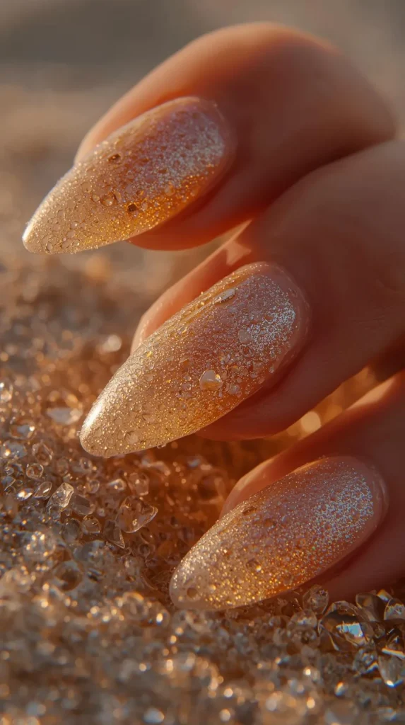 An extreme close-up shot of long, stiletto or almond-shaped nails featuring a sparkling champagne gold velvet magnetic cat-eye manicure. The surface of the glossy nails is covered in tiny, glistening water droplets that catch the light. The hand is positioned over a bed of coarse, translucent sand grains or small crystals, all illuminated by the warm, golden glow of a setting sun.