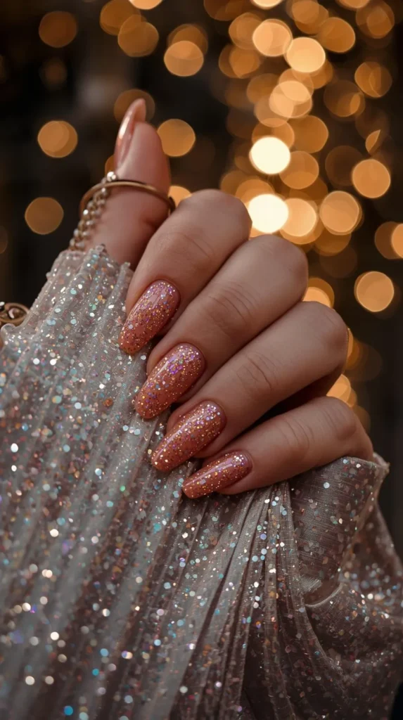 A close-up shot of a hand with long, almond-shaped nails showcasing a sparkling rose gold or peachy-nude glitter manicure. The nails are heavily coated with fine holographic glitter and larger reflective flecks that catch the light. The hand is gripping a shimmering, pleated silver fabric that is also covered in fine glitter. The background features a dramatic, out-of-focus display of warm, golden bokeh circle lights, creating a glamorous holiday or party atmosphere.