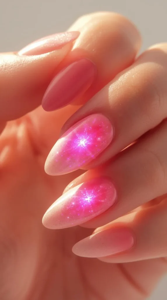 A dramatic, close-up shot of long, almond-shaped nails featuring a modern pink aura design. The manicure starts with a soft, translucent light pink base that intensifies into a vibrant, glowing hot pink center on the middle fingers. These center points are detailed with a shimmering starburst or sparkle effect that mimics a radiant light source. Warm, directional sunlight catches the glossy finish of the nails, enhancing the luminous, airbrushed look.