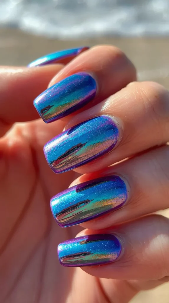 A close-up shot of a hand showcasing a metallic mermaid chrome manicure under bright, direct sunlight. The medium-length, square-shaped nails feature a highly reflective, iridescent finish that shifts in color from deep purple and royal blue to teal and hints of gold. The ultra-glossy surface creates sharp highlights and dark reflections, set against a softly blurred outdoor beach background.