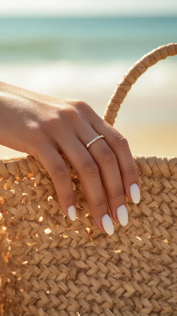 A close-up shot of a person's hand resting gracefully on the handle of a woven straw beach bag. The hand features a clean, matte white manicure on medium-length, almond-shaped nails and wears a simple, slim silver ring on the ring finger. Warm, golden sunlight illuminates the scene, with a softly blurred background showing a sandy beach and ocean waves under a bright sky.