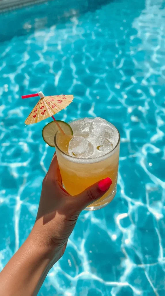 A first-person perspective shot of a hand holding a tropical cocktail filled with ice cubes, garnished with a lime wheel and a small patterned cocktail umbrella. The thumb displays a bright, neon coral or hot pink squoval manicure. The background features crystal-clear, bright blue swimming pool water with shimmering, sunlit ripples, creating a vibrant vacation atmosphere.