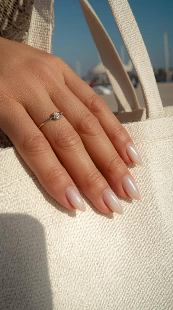 A close-up shot of a hand with a sun-kissed skin tone resting against a textured cream-colored canvas tote bag. The long, almond-shaped nails feature a pearl "glazed donut" manicure with a translucent, shimmering iridescent finish that catches the light. A delicate, thin silver ring with a small circular cluster of crystals is worn on the ring finger. The bright, outdoor setting suggests a sunny day near a coastal or beach location.