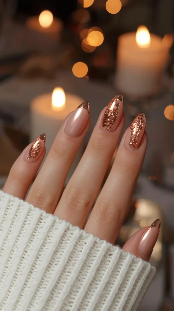 A close-up shot of a hand displaying an elegant rose gold manicure on long, almond-shaped nails. The design features a mix of styles: the index finger and thumb showcase a smooth, pearlescent nude base with metallic rose gold chrome French tips, while the other nails are fully coated in textured, sparkling rose gold glitter and foil flakes. The wrist is covered by the sleeve of a white, ribbed knit sweater. The background is softly blurred with the warm, cozy glow of lit candles and festive bokeh lights.