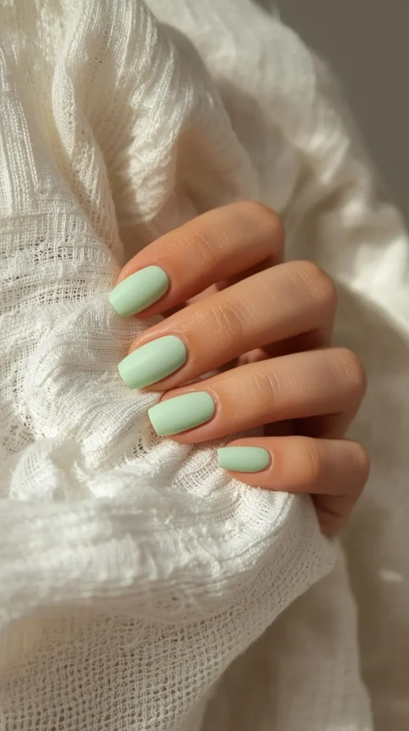 A close-up shot of a hand with a warm skin tone holding onto a soft, textured white fabric. The nails are styled in a medium square shape with a smooth, matte mint green manicure. Natural, bright lighting highlights the clean edges of the polish and the detailed texture of the woven material, creating a fresh and cozy aesthetic.
