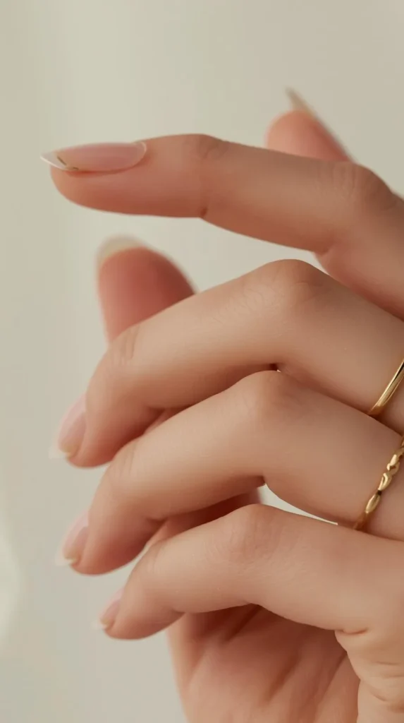 A soft, close-up shot of a person's hands gently intertwined, showcasing a delicate and minimalist French manicure. The long, almond-shaped nails feature a sheer, natural nude base with ultra-thin white tips, accented by a subtle trace of metallic gold along the inner edge of the tips. The fingers are adorned with two thin, elegant gold rings against a warm, neutral, out-of-focus background.
