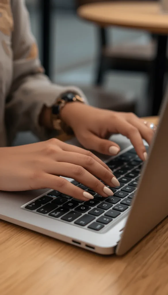 A close-up side view of a person's hands typing on a silver laptop with black keys. The laptop sits on a light wooden desk. The person is wearing a long-sleeved beige top and a watch with a thick black and gold band. Their manicured nails are filed into an almond shape and painted with a light, neutral beige polish. The background is softly blurred, showing hints of chairs and tables in what appears to be a cafe or office setting.