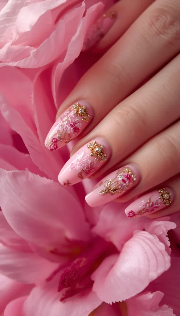A close-up of a hand resting against large, soft pink flower petals. The hand features long, almond-shaped nails painted with a light pink base. The nails are elaborately decorated with intricate floral patterns in darker pinks and whites, highlighted with delicate gold linework. Additionally, several nails are embellished near the cuticles with ornate, 3D clusters of tiny gold beads and small white pearls, creating a highly detailed and romantic aesthetic.