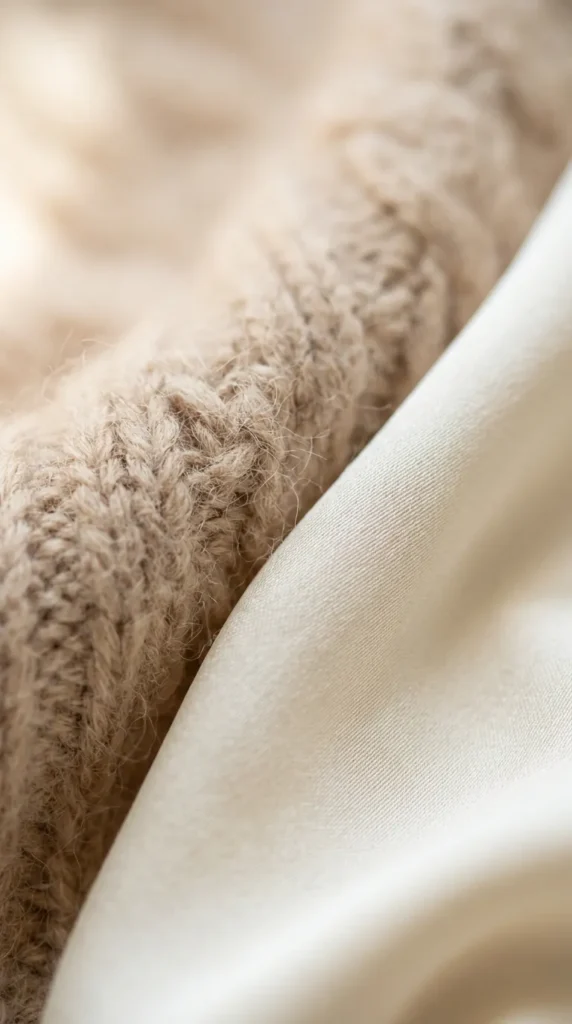 A macro close-up shot highlighting contrasting fabric textures. On the left, a thick, fuzzy, light beige knitted fabric, resembling warm wool or cashmere, shows detailed stitches and soft fibers. It rests against a smooth, gently draped, off-white fabric with a subtle sheen, similar to silk or satin, on the right. The soft, warm lighting emphasizes the cozy and elegant aesthetic of the contrasting materials.