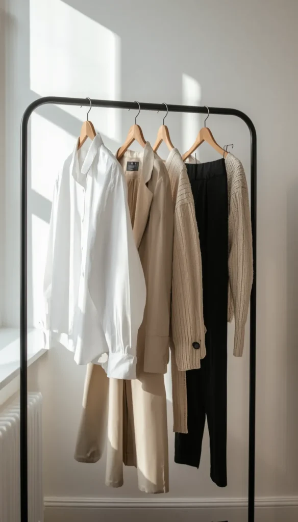 A black, freestanding clothing rack displaying a minimalist capsule wardrobe in a brightly lit room. Four wooden hangers hold a curated selection of neutral-toned garments: a crisp white button-down shirt, a tailored beige coat, a chunky light beige knit sweater, and a pair of black trousers. Strong natural sunlight streams in from a window on the left, casting distinct geometric shadows on the plain white wall behind the rack.