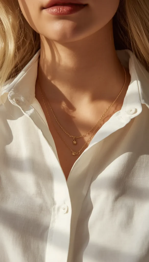 A close-up shot of a person's neck and upper chest area. They are wearing a crisp, white button-down shirt left unbuttoned at the collar. Layered on their skin are two delicate gold chain necklaces, each featuring a small, subtle pendant. Warm, dappled sunlight casts distinct shadows across the person's collarbone and the fabric of the shirt.