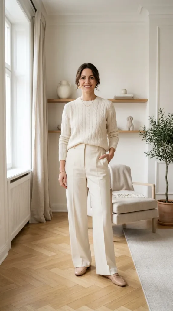A smiling woman standing indoors in a bright, airy room with light wood herringbone floors. She is wearing a monochromatic outfit consisting of a cream cable-knit sweater tucked into tailored, wide-leg off-white trousers, paired with light beige flat loafers. She is accessorized with delicate gold hoop earrings, a thin necklace, and a bracelet. The background features a window with light curtains, an armchair, a small olive tree in a terracotta pot, and wooden shelves displaying minimalist ceramics.