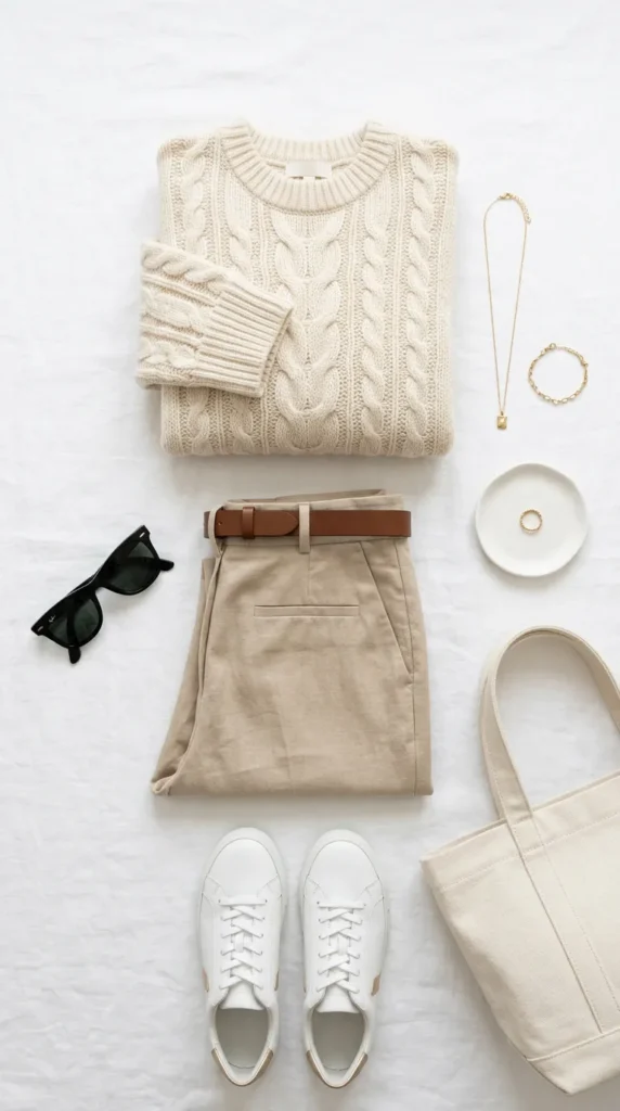 A top-down flat lay of a casual, neutral-toned outfit arranged on a white textured background. At the top is a folded cream cable-knit sweater. Below it are folded light beige trousers with a brown leather belt. To the left of the trousers are black sunglasses, and to the right is delicate gold jewelry, including a necklace, a bracelet, and a ring resting on a small white dish. At the bottom is a pair of white sneakers with gold heel accents next to a plain cream canvas tote bag.