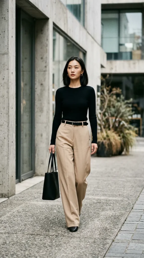 A stylish woman with dark, shoulder-length hair walking confidently along a paved outdoor walkway. She is wearing a sleek, fitted black long-sleeve crewneck top tucked into tan wide-leg trousers, secured with a thin black belt. She is carrying a structured black tote bag in her right hand and wearing gold hoop earrings. The background features the exterior of a modern building with exposed concrete pillars, large windows, and subtle greenery.