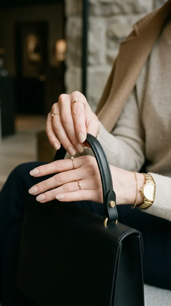 A close-up of a person's hands resting gracefully on the top handle of a structured, black leather handbag with gold hardware. The hands feature a clean, sheer beige manicure and are accessorized with several delicate gold rings, a fine gold chain bracelet, and a classic gold watch. The person is wearing a soft cream-colored knit sweater, dark trousers, and a camel-colored coat draped over the arm. The background is a softly blurred indoor setting with stone architecture.